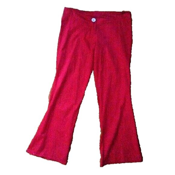 Vintage Y2K 90s deep fire engine red wide flared leg low waist stretch pants  L - Picture 2 of 7